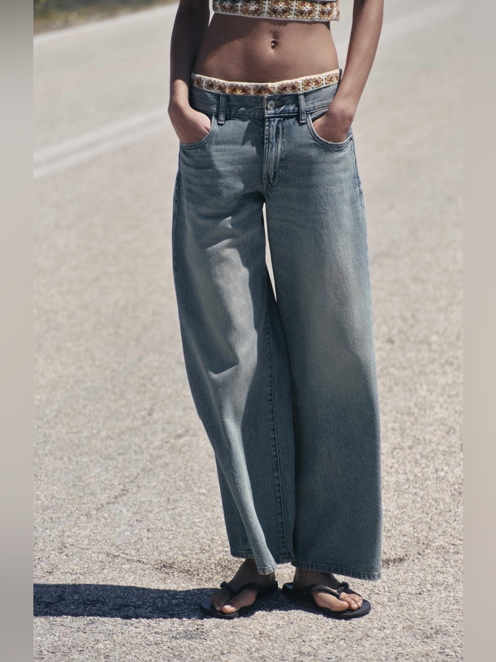 Zara Denim Loose Fit Mid Rise Crochet Jeans